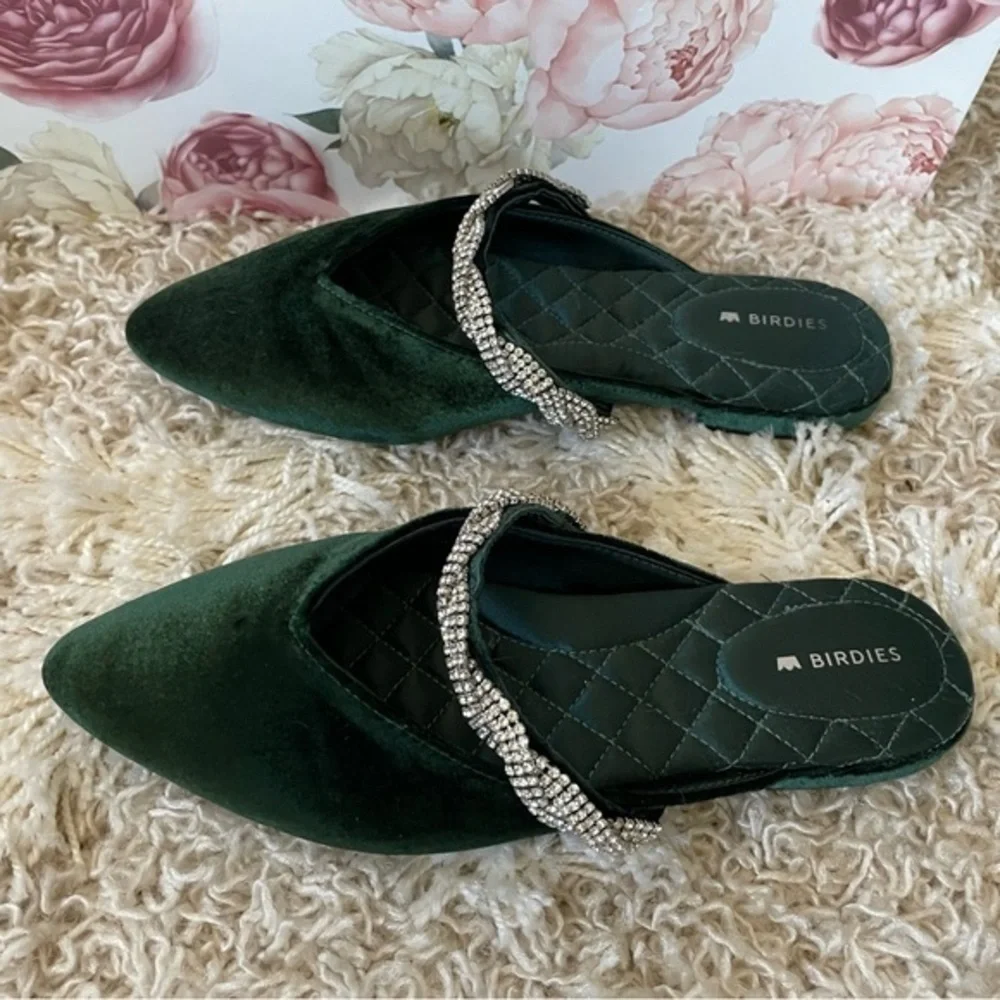 Emerald Green Birdies Swan Jeweled Velvet Slip On Shoe